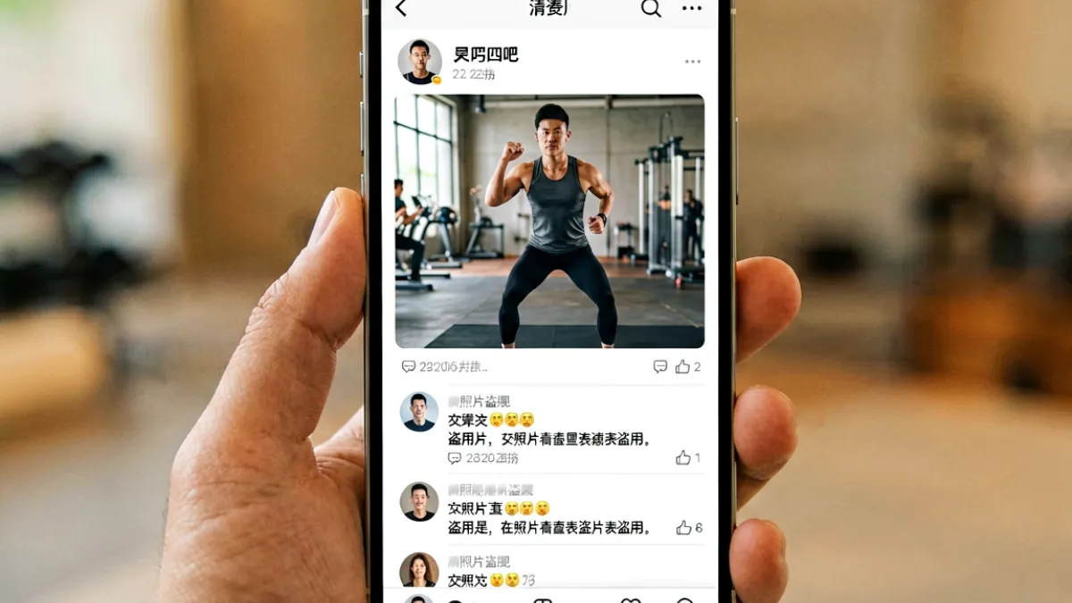 某明星社交媒体页面截图，显示其发布的健身打卡照片下方有大量网友质疑照片为盗用他人素材的评论区讨论
