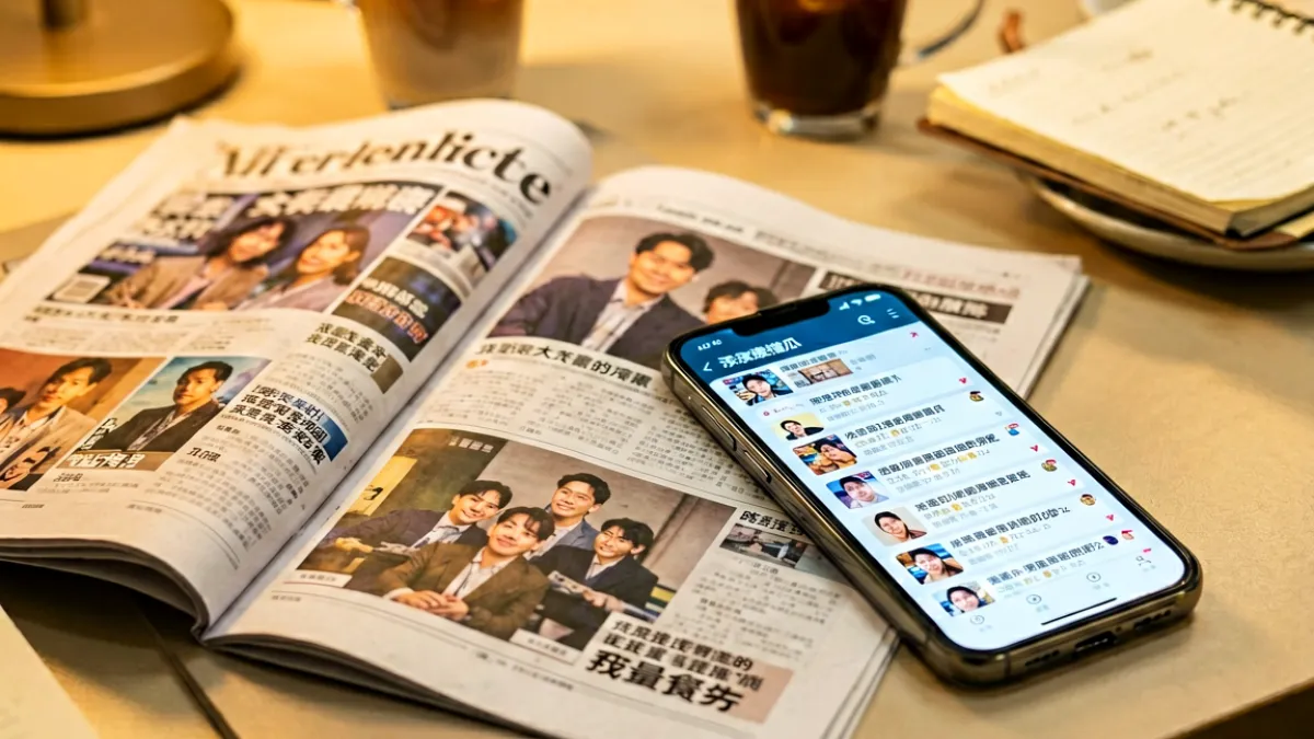娱乐圈明星八卦新闻专题报道封面图，桌面上散落着多份剪报和手机显示热搜榜的屏幕特写，暖色调编辑部场景