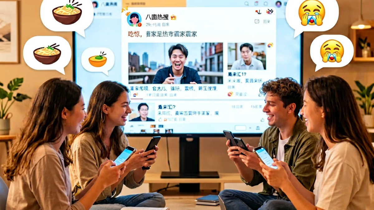一群网友围坐在手机屏幕前热烈讨论娱乐圈八卦新闻的插画场景，画面中有多个带有emoji表情的对话气泡，充满网络吃瓜氛围